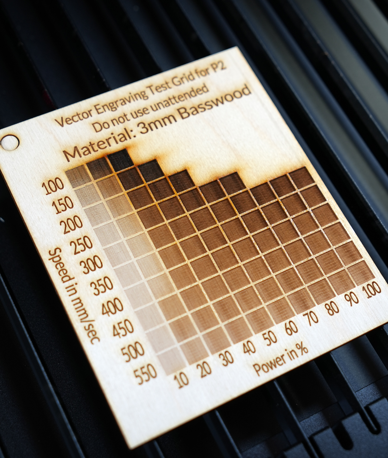 Basswood Wood Engraving Test Grid inside the P2 CO2 Laser by xTool