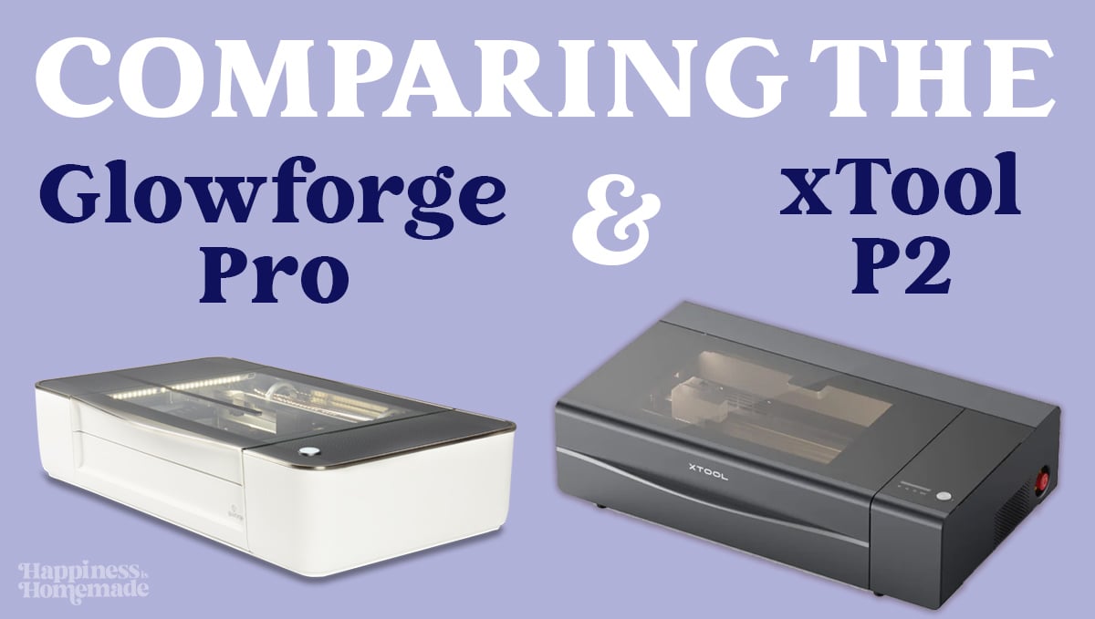 "Comparing the Glowforge Pro & xTool P2" graphic with machines on blue background