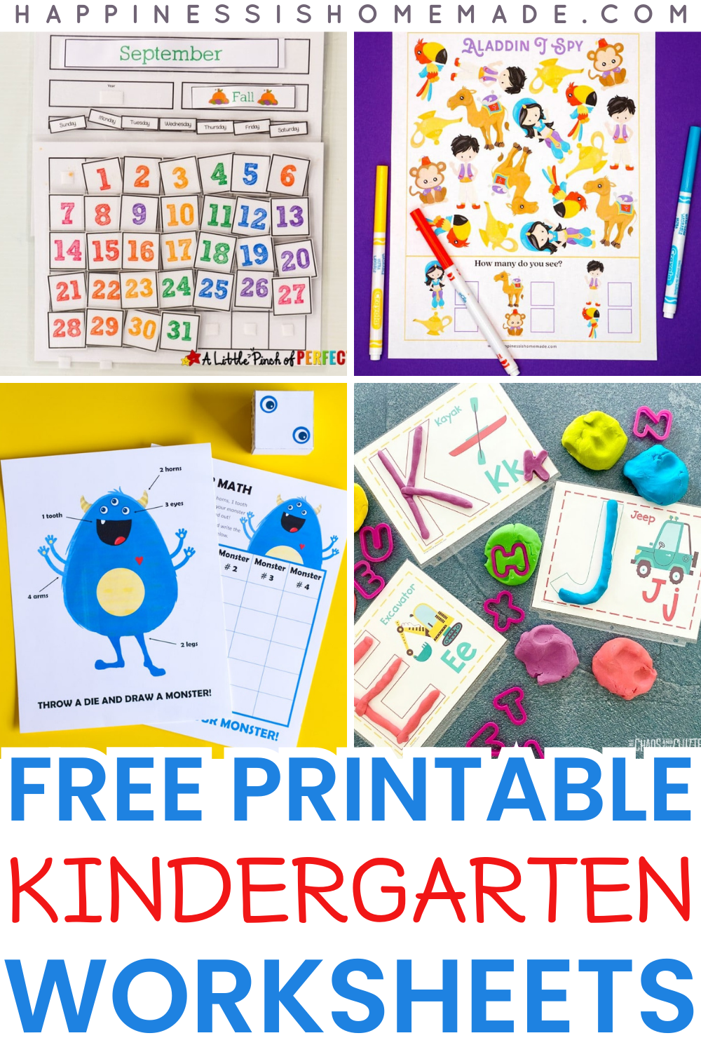 Free Printable Kindergarten Worksheets graphic with collage
