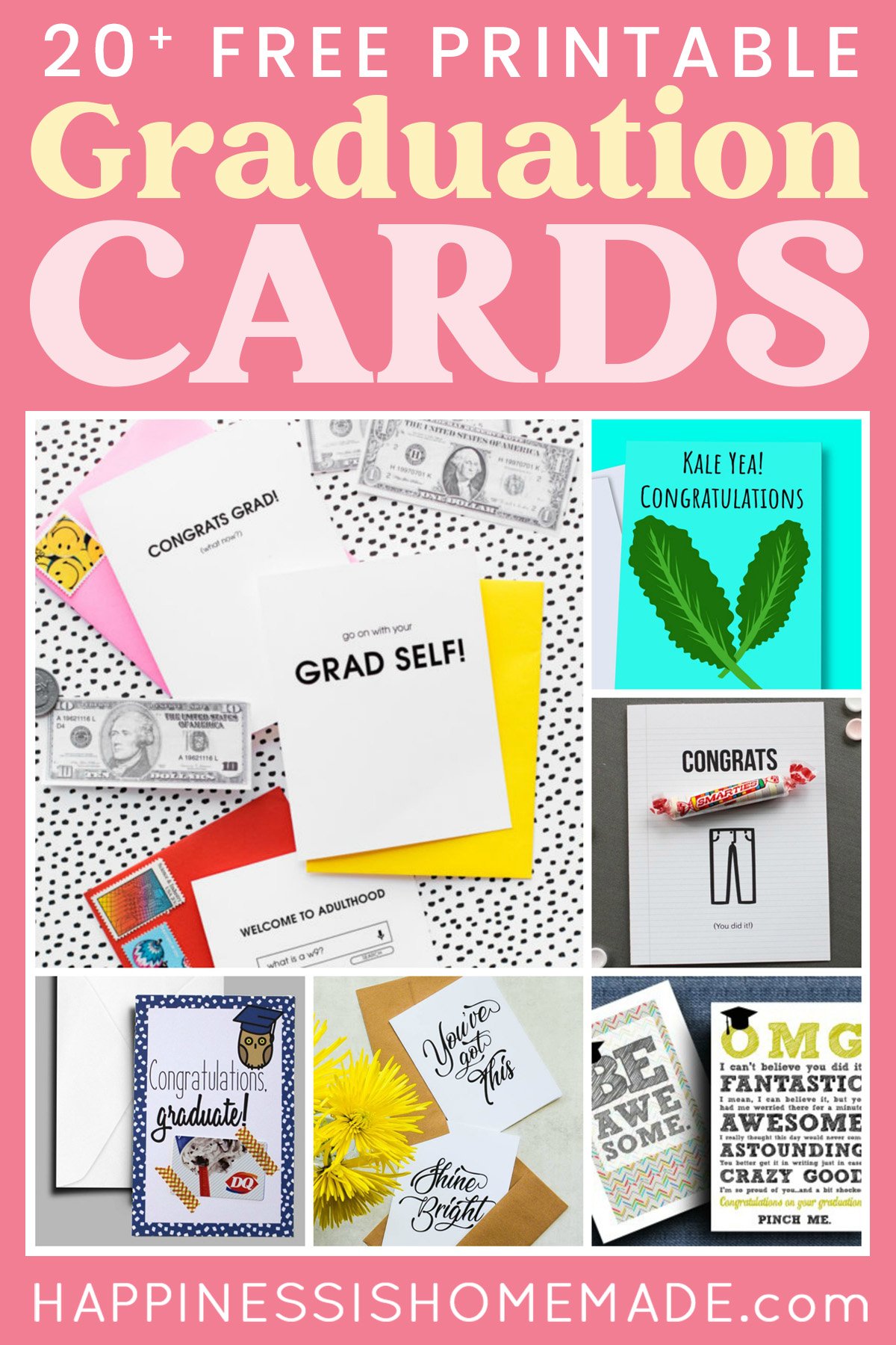 "20+ Free Printable Graduation Cards" graphic with collage image of graduation card options