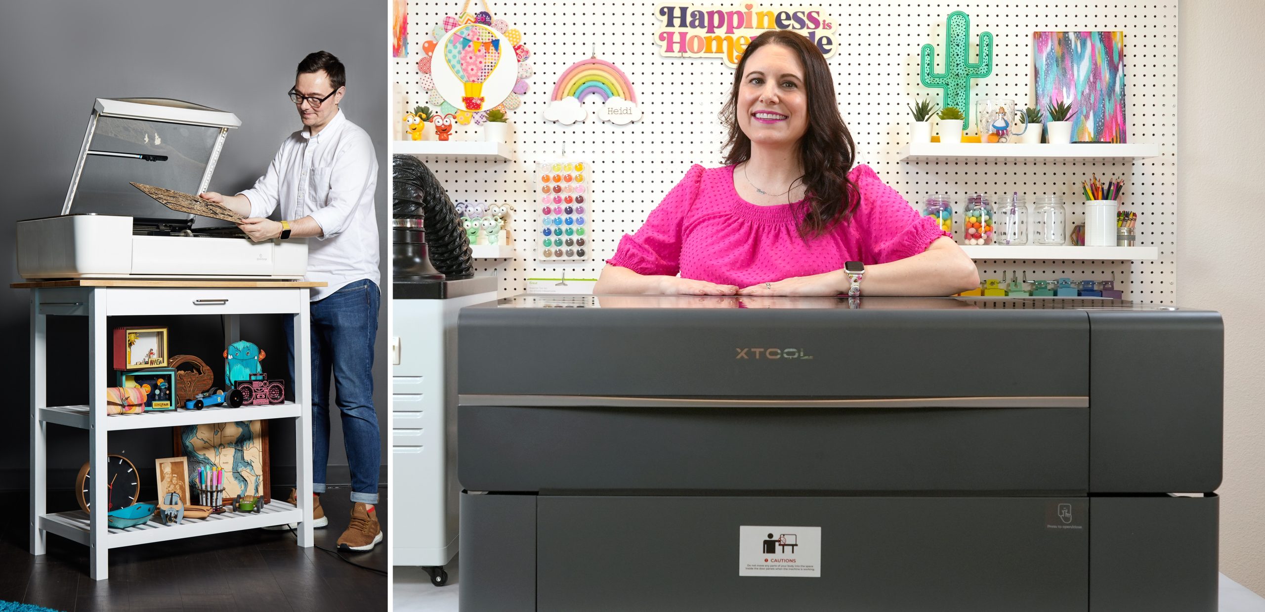 Man standing next to Glowforge laser cutter and woman standing behind the xTool P2 CO2 laser cutter to demonstrate scale of size