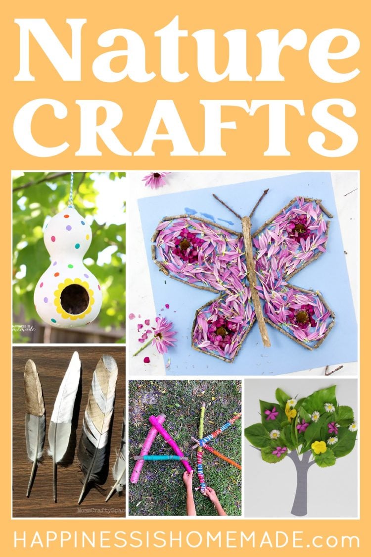 "Nature Crafts" graphic with collage of fun nature craft ideas for kids