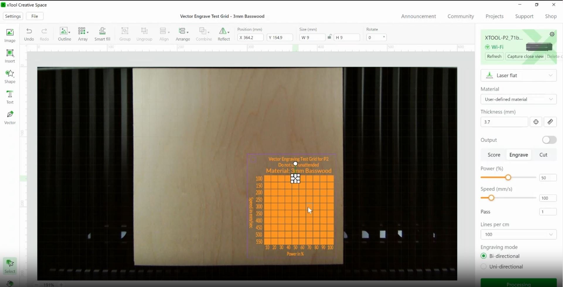 screenshot of x tool design software with image preview on wood