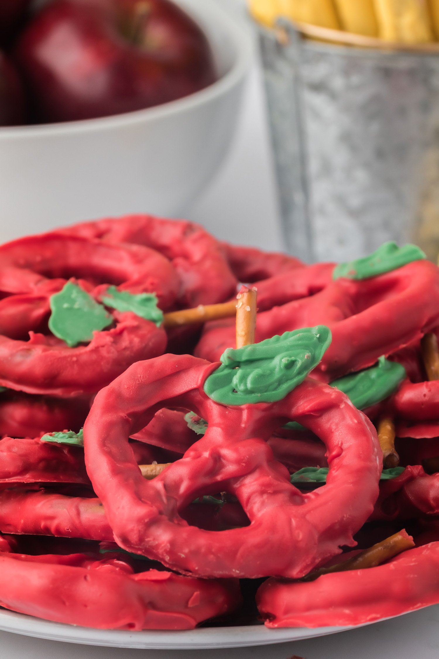 pile of apple chocolate covered pretzels