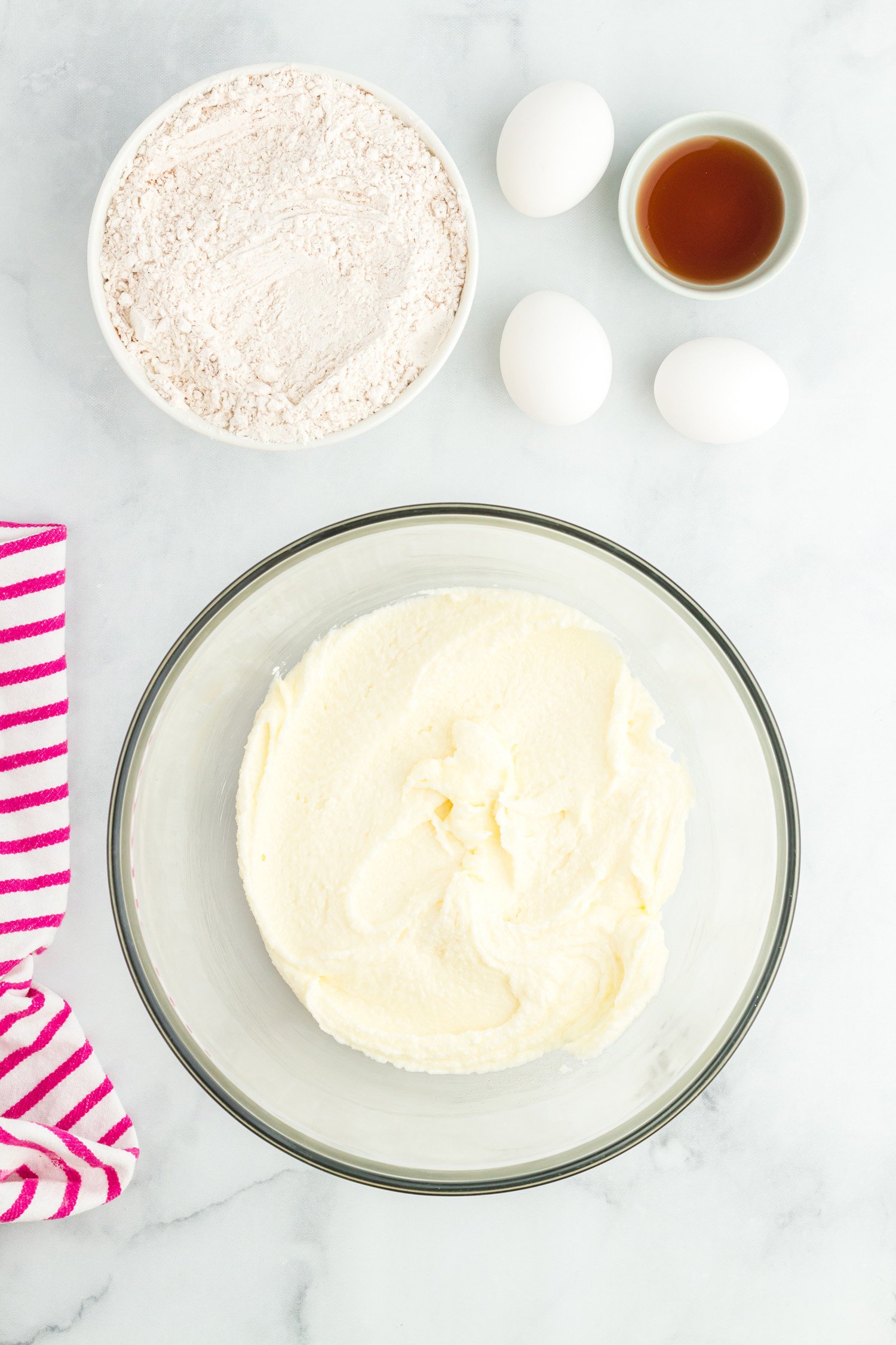 donut cake ingredients in bowls