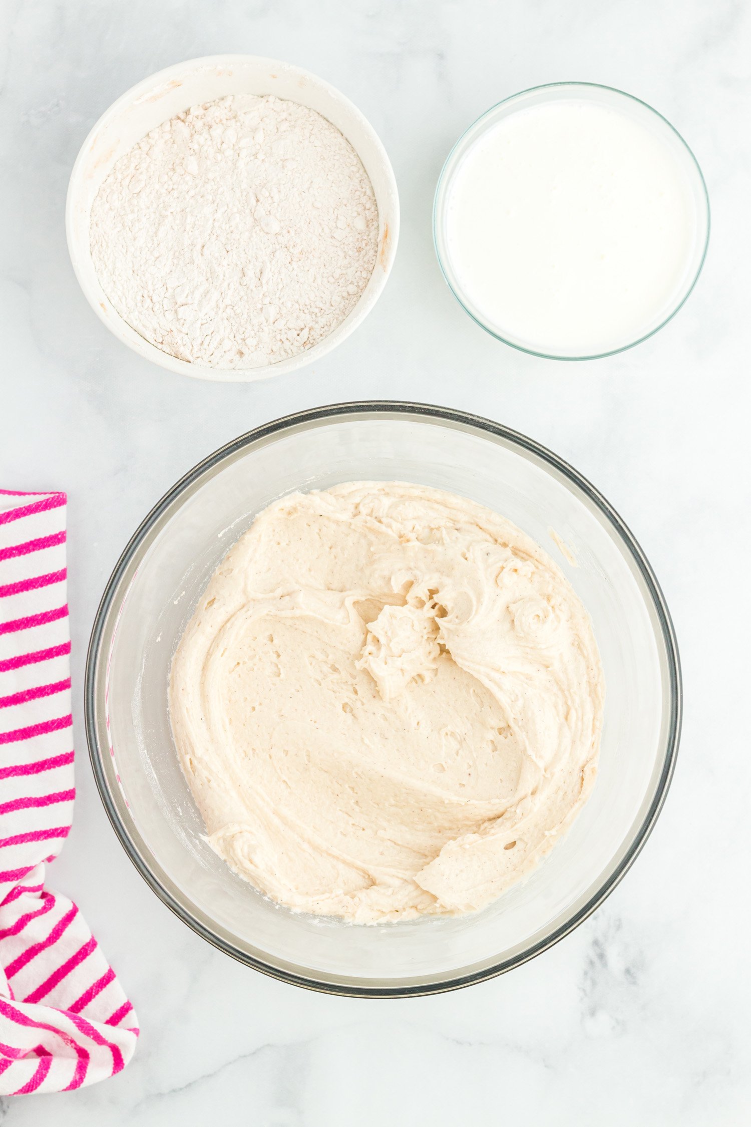 ingredients for cake recipe in mixing bowls