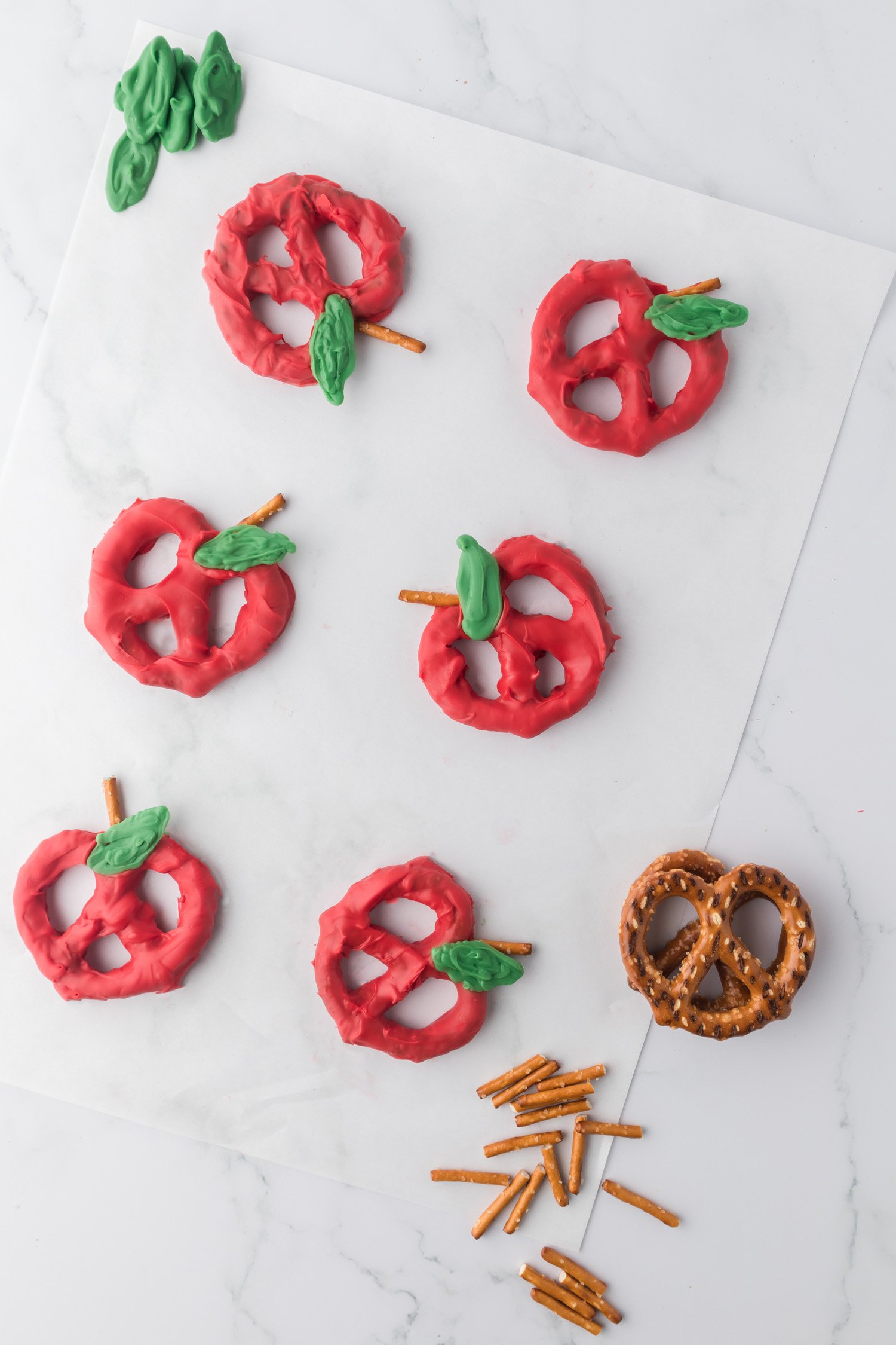 pretzels dipped to resemble apples