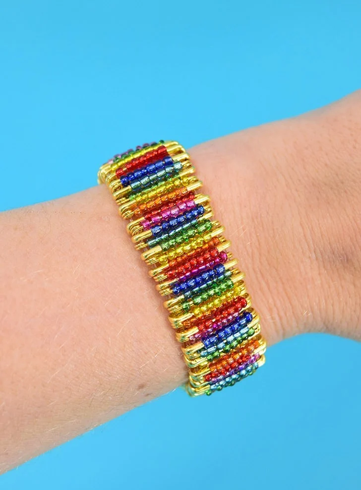 rainbow beaded safety pin bracelet 