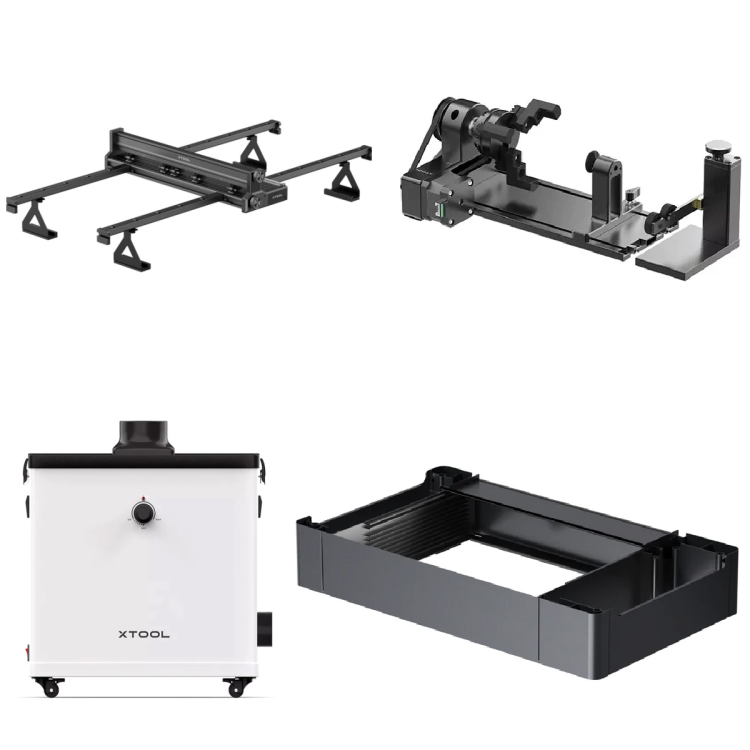 Collage of xTool P2 accessories - automatic conveyer, RA2 pro, smoke purifier, and riser base