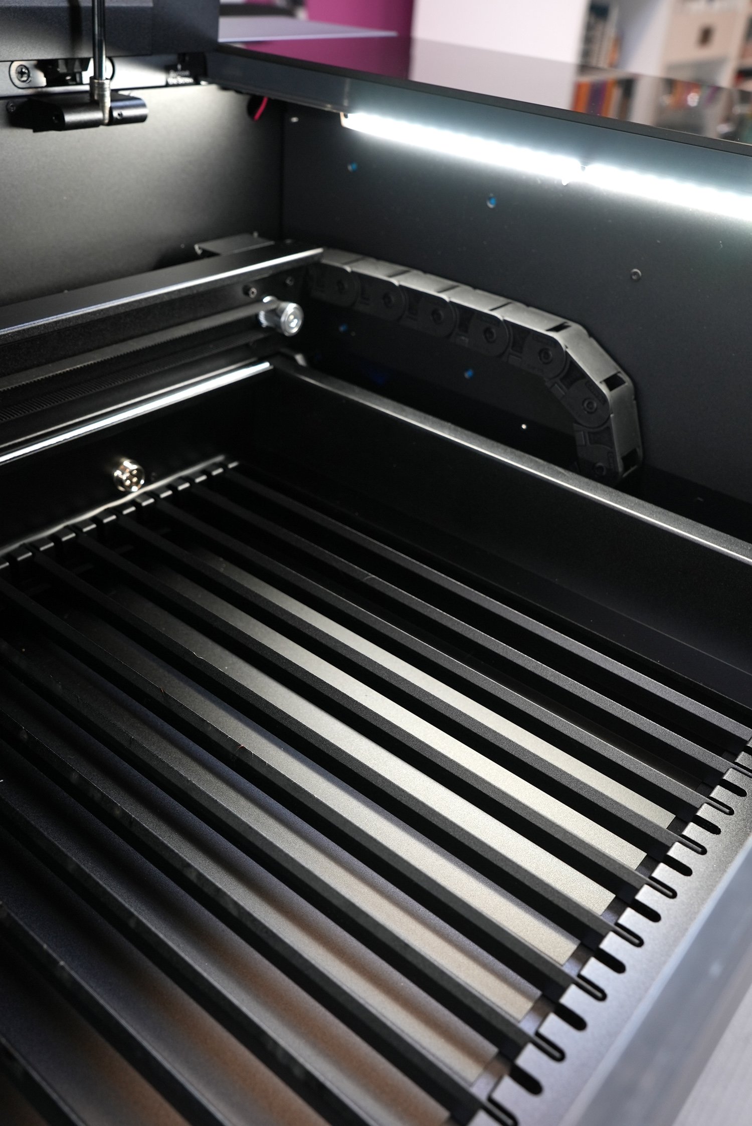 Close up view of xTool P2 CO2 Laser Interior Slats Bed
