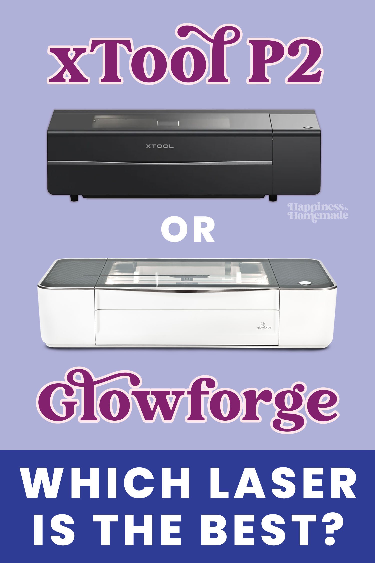 "xTool P2 or Glowforge: Which Laser is the Best?" graphic with images of laser cutters on blue background