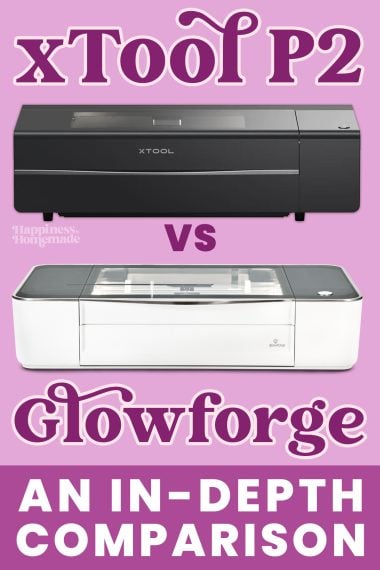 "xTool P2 vs Glowforge: an in-depth comparison" graphic with both machines on purple background