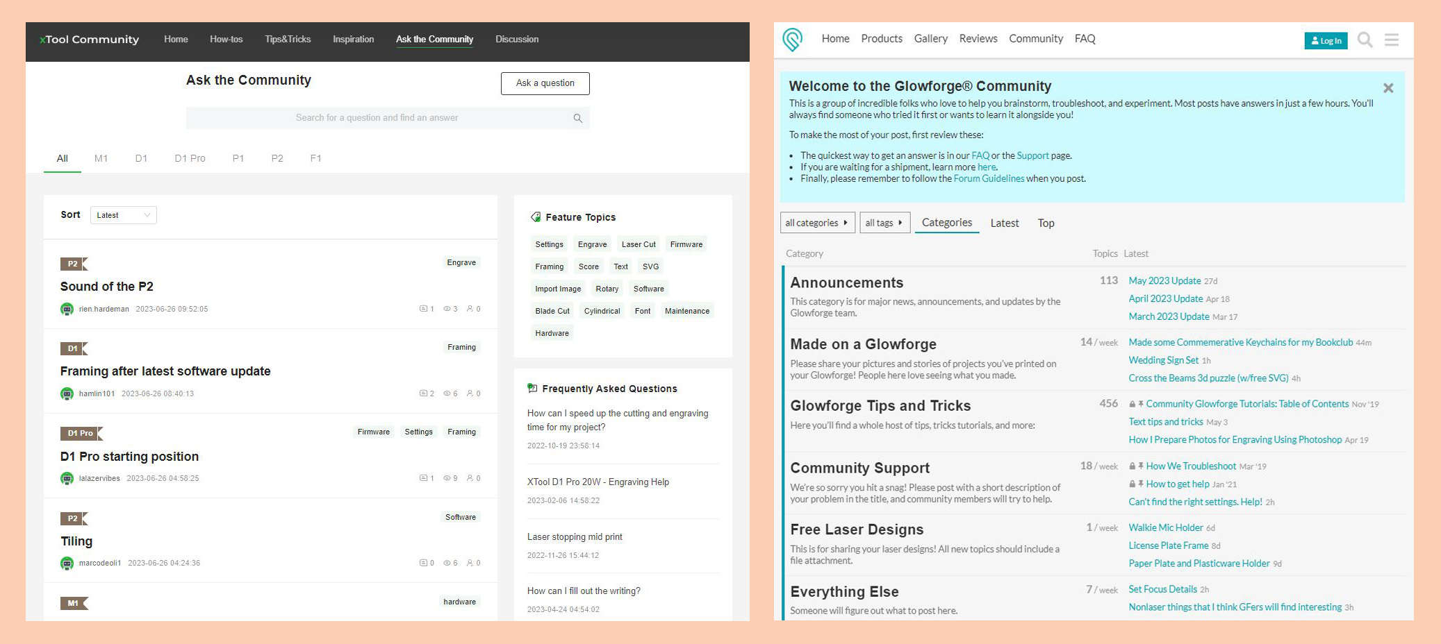 Side by side screenshots of xTool Community and Glowforge Community Forums home pages