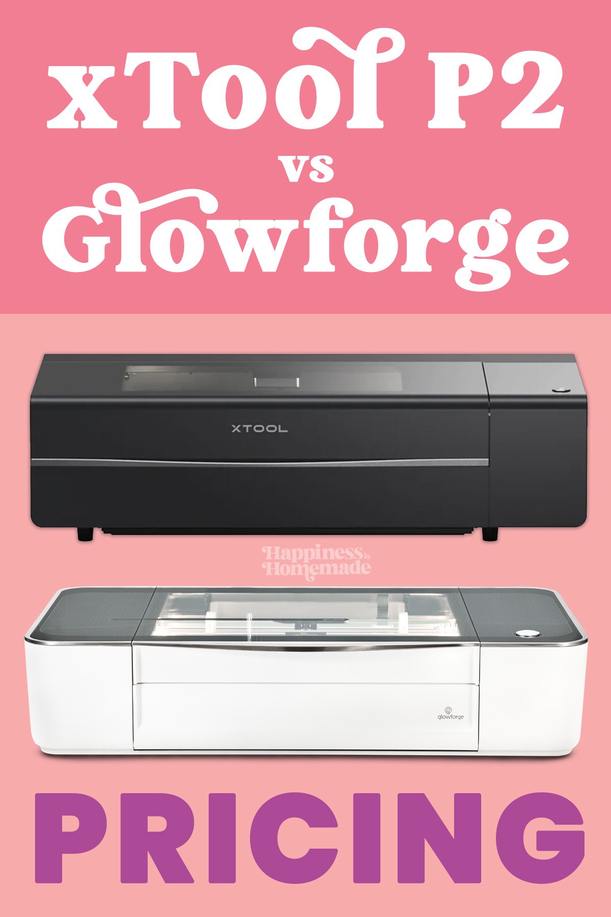 'xTool P2 vs Glowforge Pro - Pricing" graphic with images of both machines on coral background