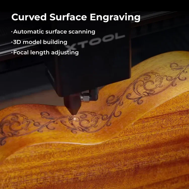 "Curved Surface Engraving" graphic with close up of laser head engraving curved wood