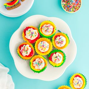 diy rainbow mini cheesecakes on platter