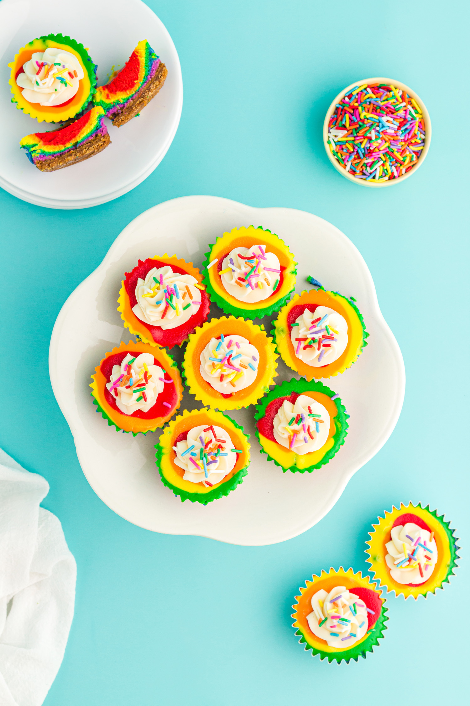 diy rainbow mini cheesecakes on platter