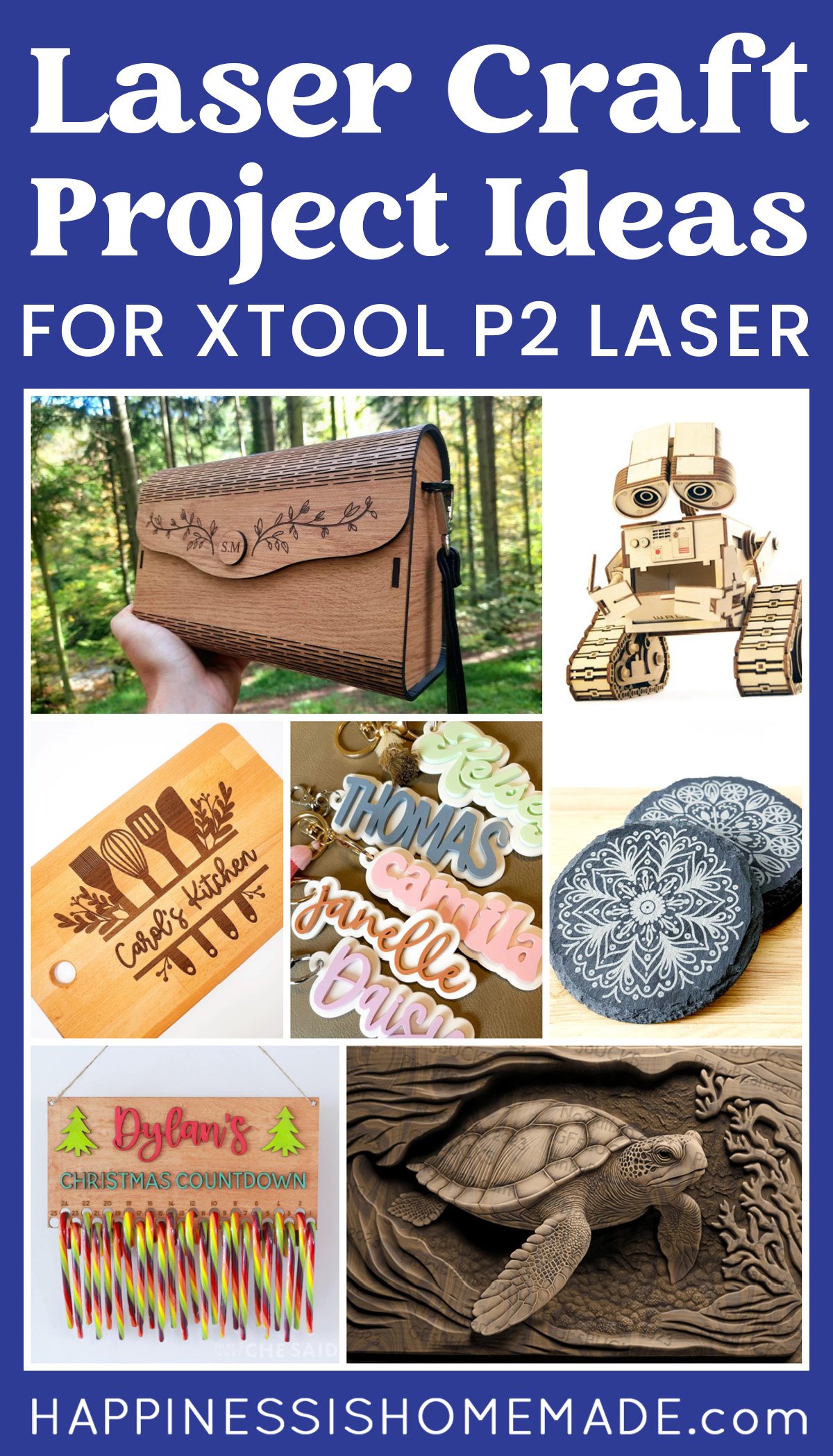 Collage of laser-created project ideas with "Laser Craft Project Ideas for xTool P2 Laser" text on pink background