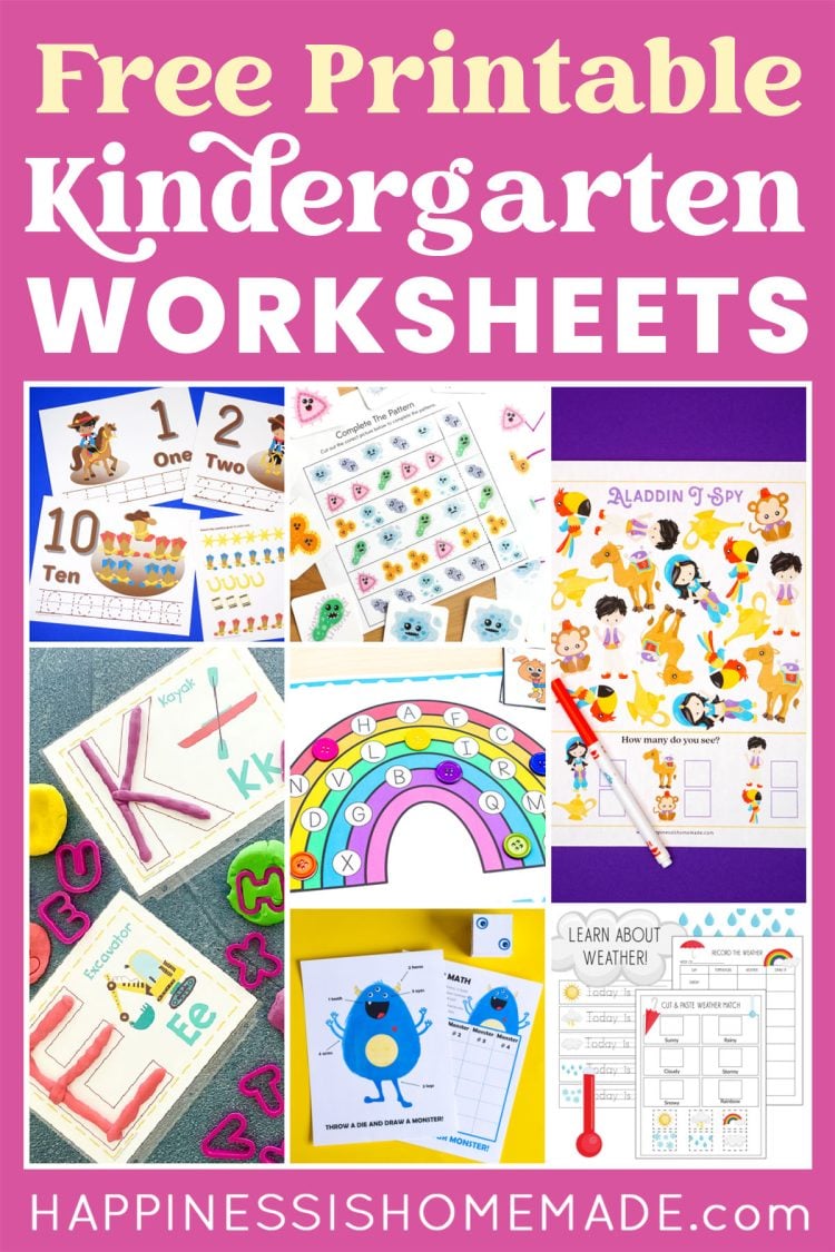 "Free Printable Kindergarten Worksheets" graphic with collage of worksheets for kindergarteners