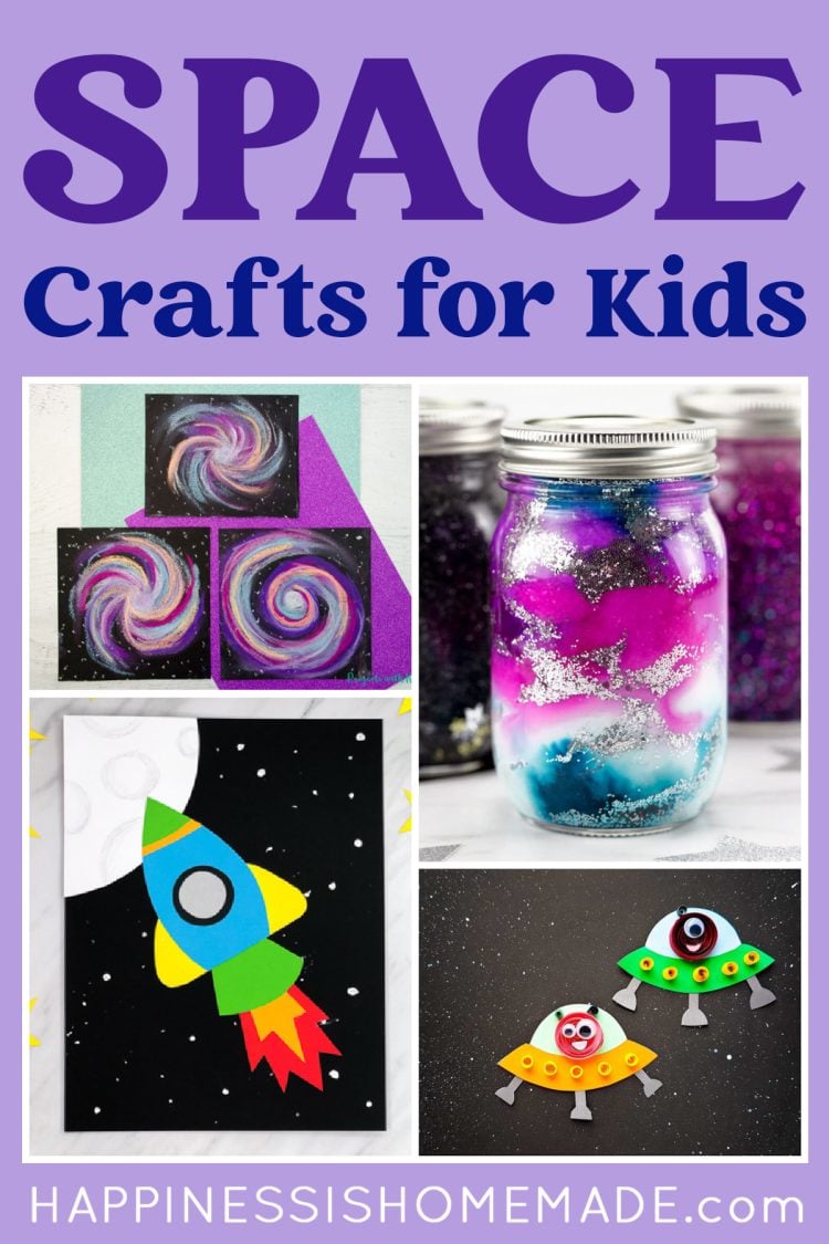 "Space Crafts for Kids" graphic with four space-themed crafts in collage