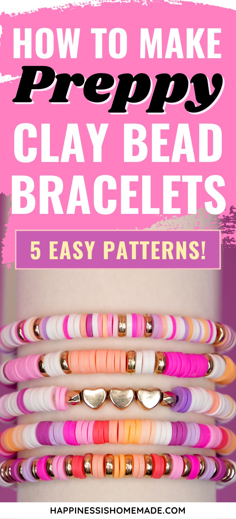 "How to Make Preppy Clay Bead Bracelets" graphic with text and photo of colorful clay bead bracelets