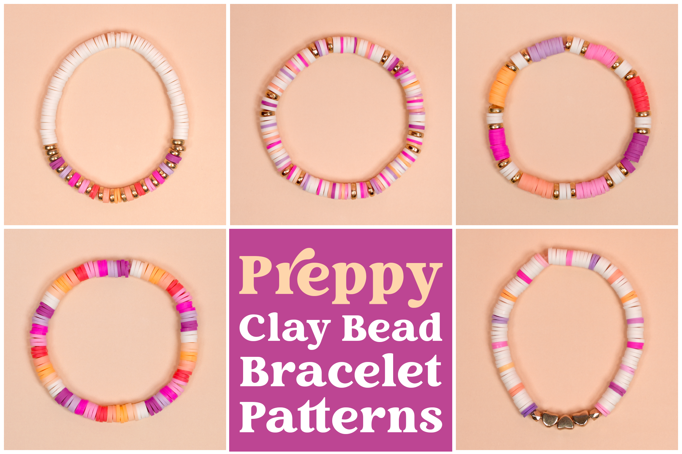 Collage of five preppy clay bead bracelet pattern ideas on peach background