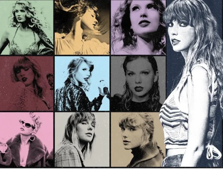 Official Taylor Swift Eras Tour collage of album covers on colored backgrounds