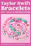 Pinterest graphic: "Taylor Swift Bracelets: 435+ Friendship Bracelet Ideas & Instructions" with bracelet examples