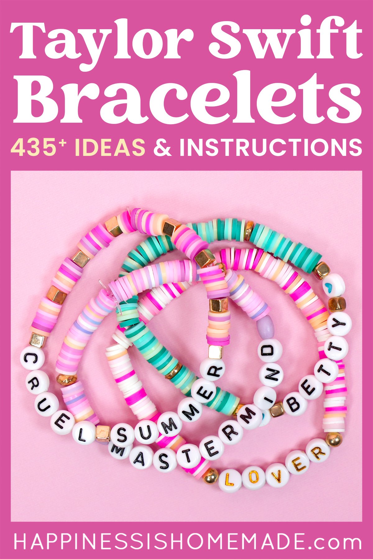 Pinterest graphic: "Taylor Swift Bracelets: 435+ Friendship Bracelet Ideas & Instructions" with bracelet examples