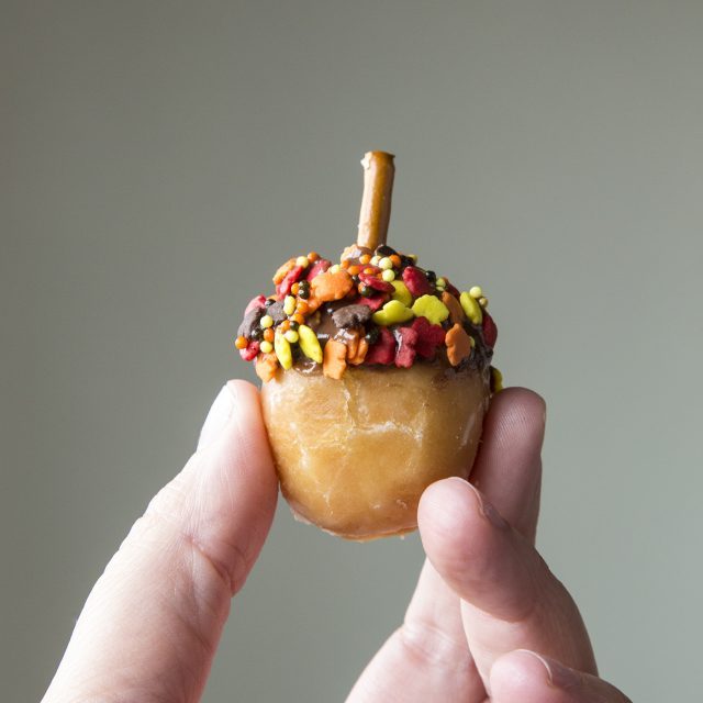 hand holding acorn donut hole