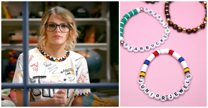 Collage of Taylor Swift in "Junior Jewels" t-shirt and matching beaded friendship bracelets