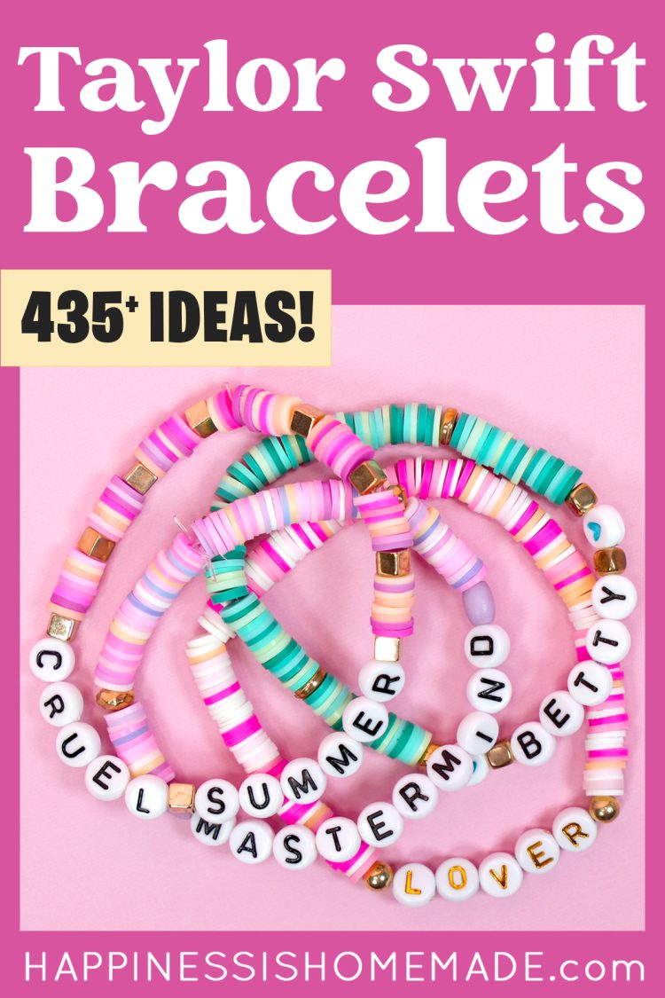 Pinterest graphic: "Taylor Swift Bracelets: 435+ Bracelet Ideas" with bracelet examples