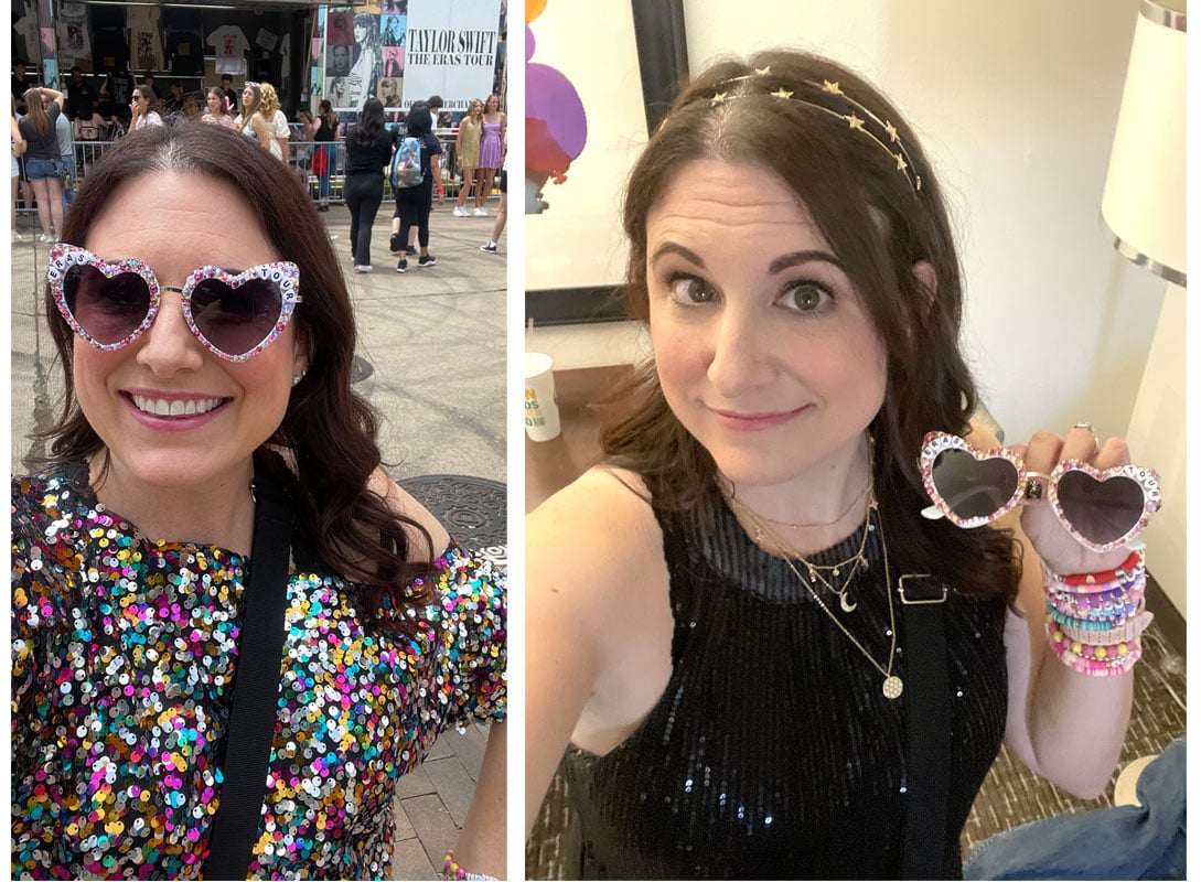 Collage of two images - both of a white woman with dark hair wearing bejeweled sunglasses and Taylor Swift friendship bracelets