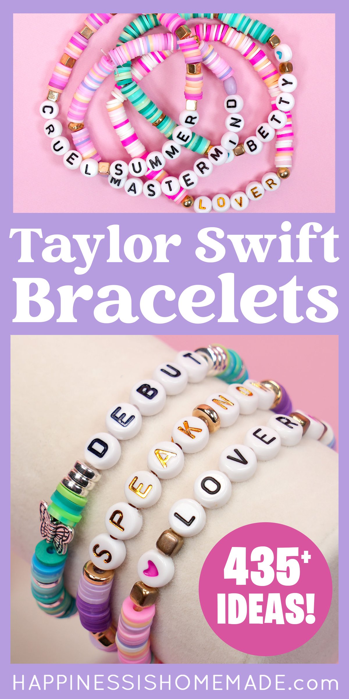 Pinterest graphic: "Taylor Swift Friendship Bracelets: 435+ Ideas" with collage of bracelet examples