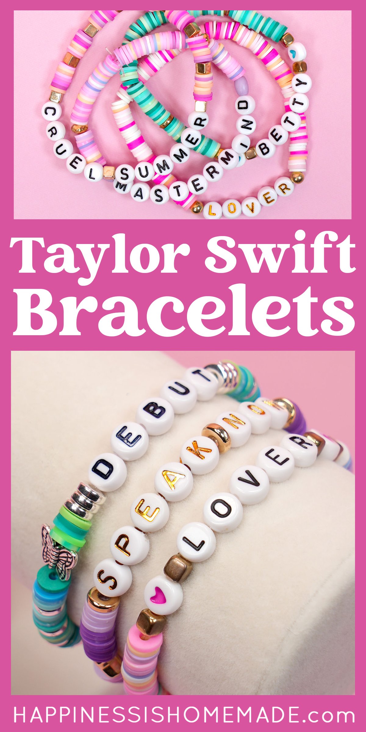 Pinterest graphic: "Taylor Swift Bracelets" with collage of friendship bracelet examples