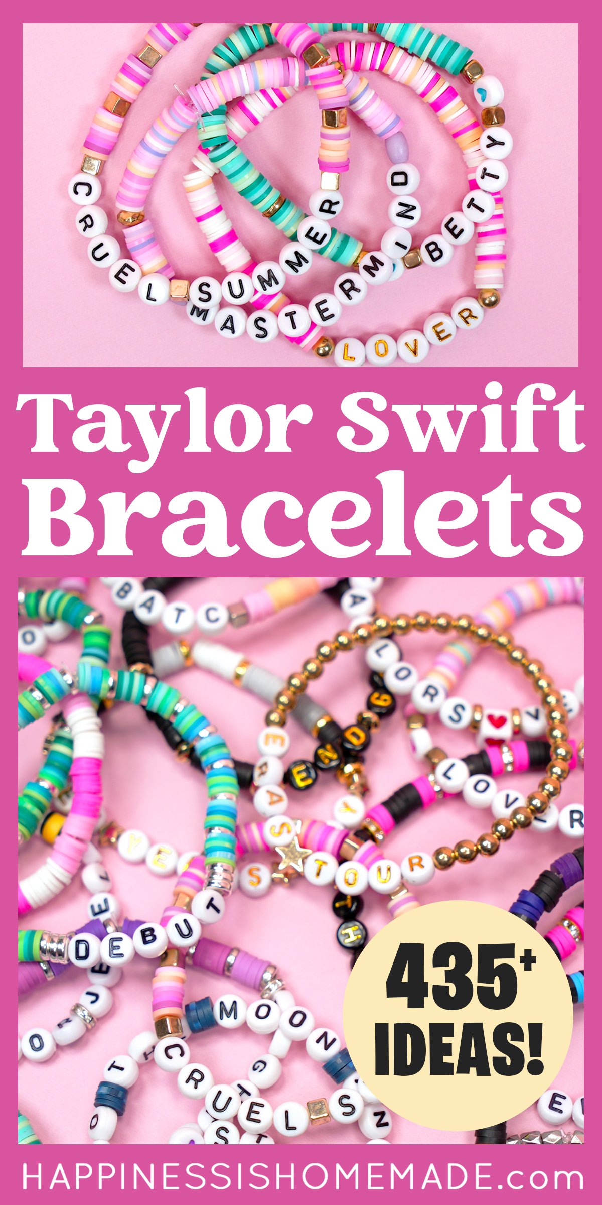 Pinterest graphic: "Taylor Swift Bracelets: 435+ Ideas" with collage of bracelet examples
