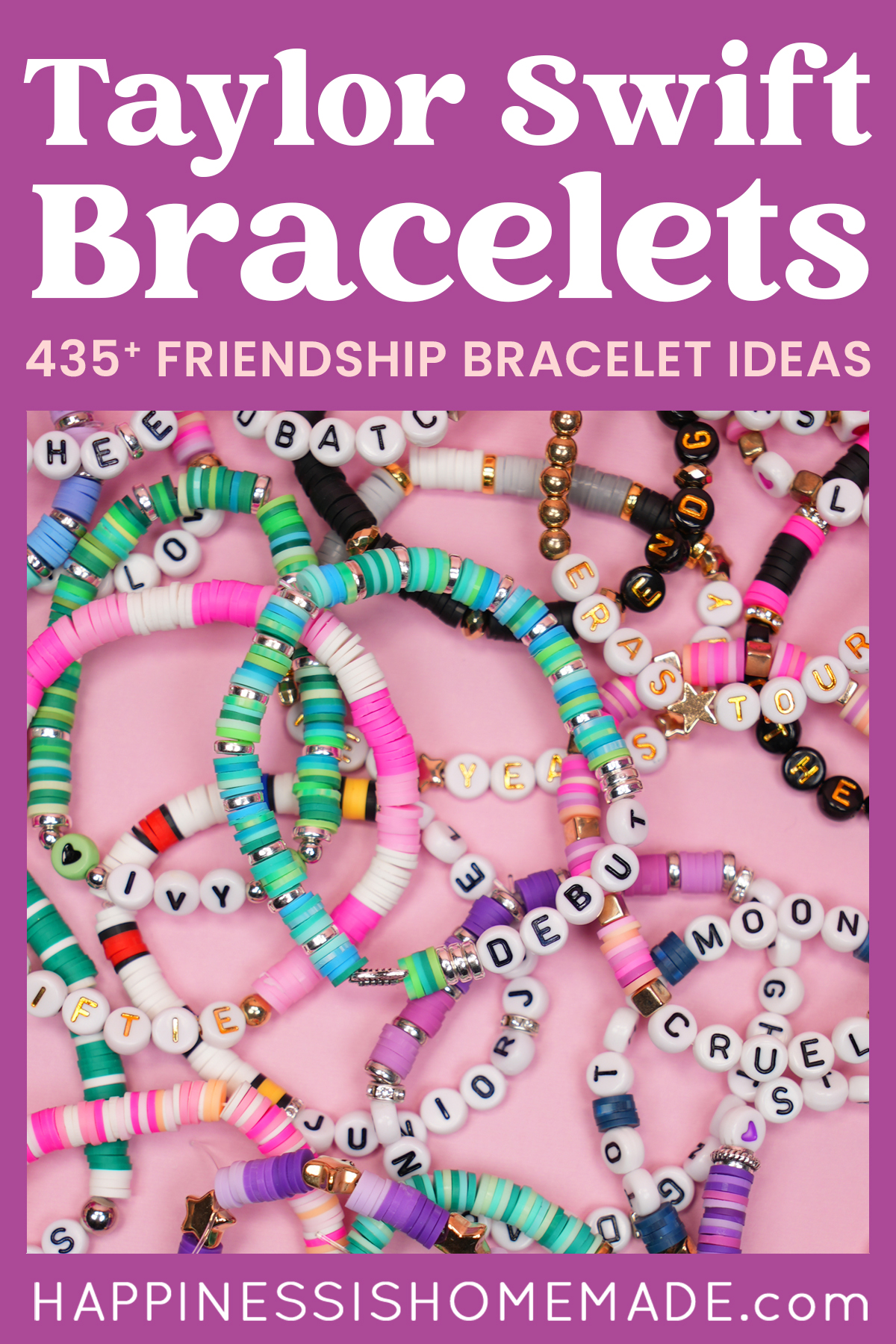 Pinterest graphic: "Taylor Swift Bracelets: 435+ Friendship Bracelet Ideas" with bracelet examples