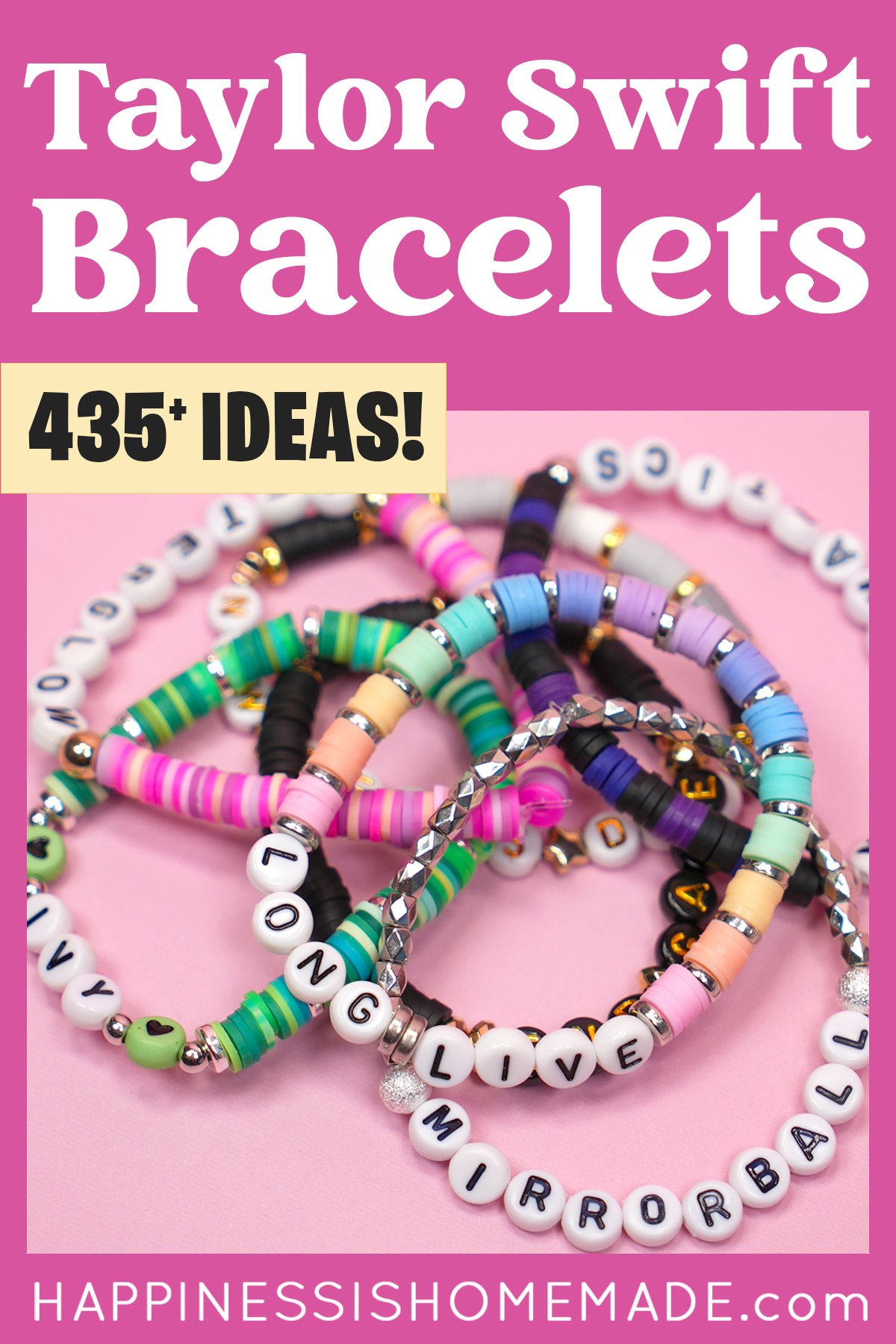 Pinterest graphic: "Taylor Swift Bracelets: 435+ Ideas" with bracelet examples