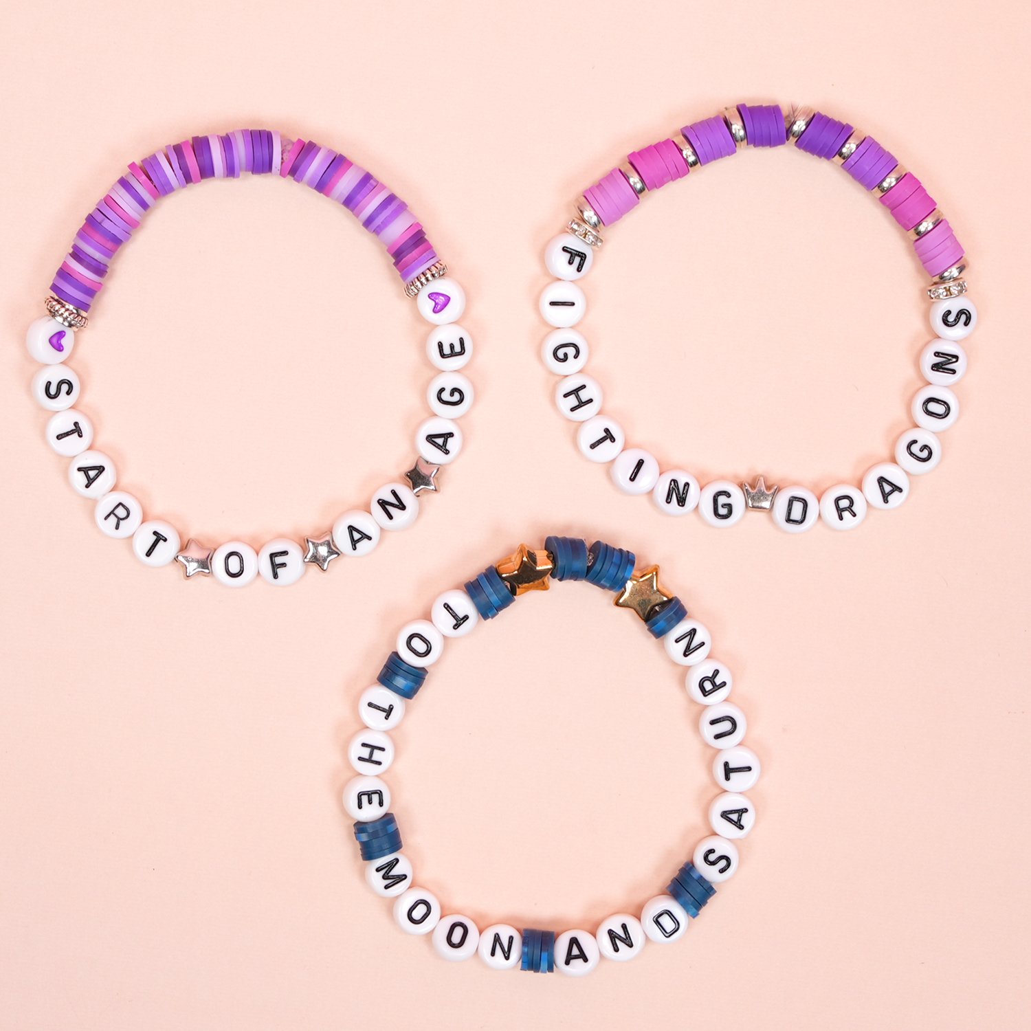Three colorful beaded bracelets with Taylor Swift song lyrics on peach background