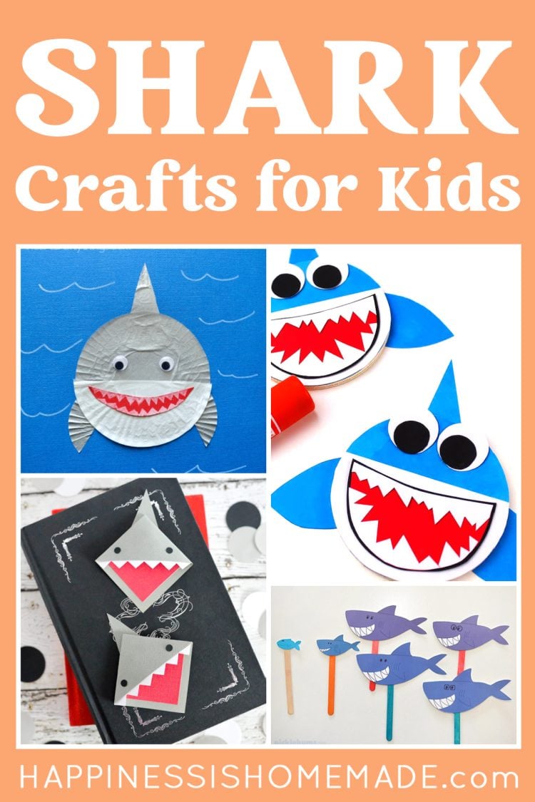 "Shark Crafts for Kids" graphic with collage of four different shark craft ideas for kids