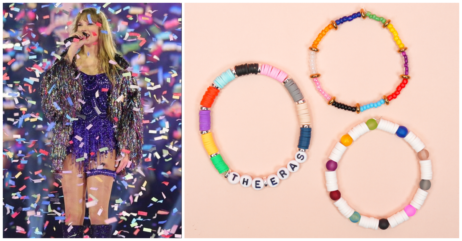 Collage featuring Taylor Swift surrounded by colorful falling confetti, and three beaded bracelets made from the same colors as the confetti