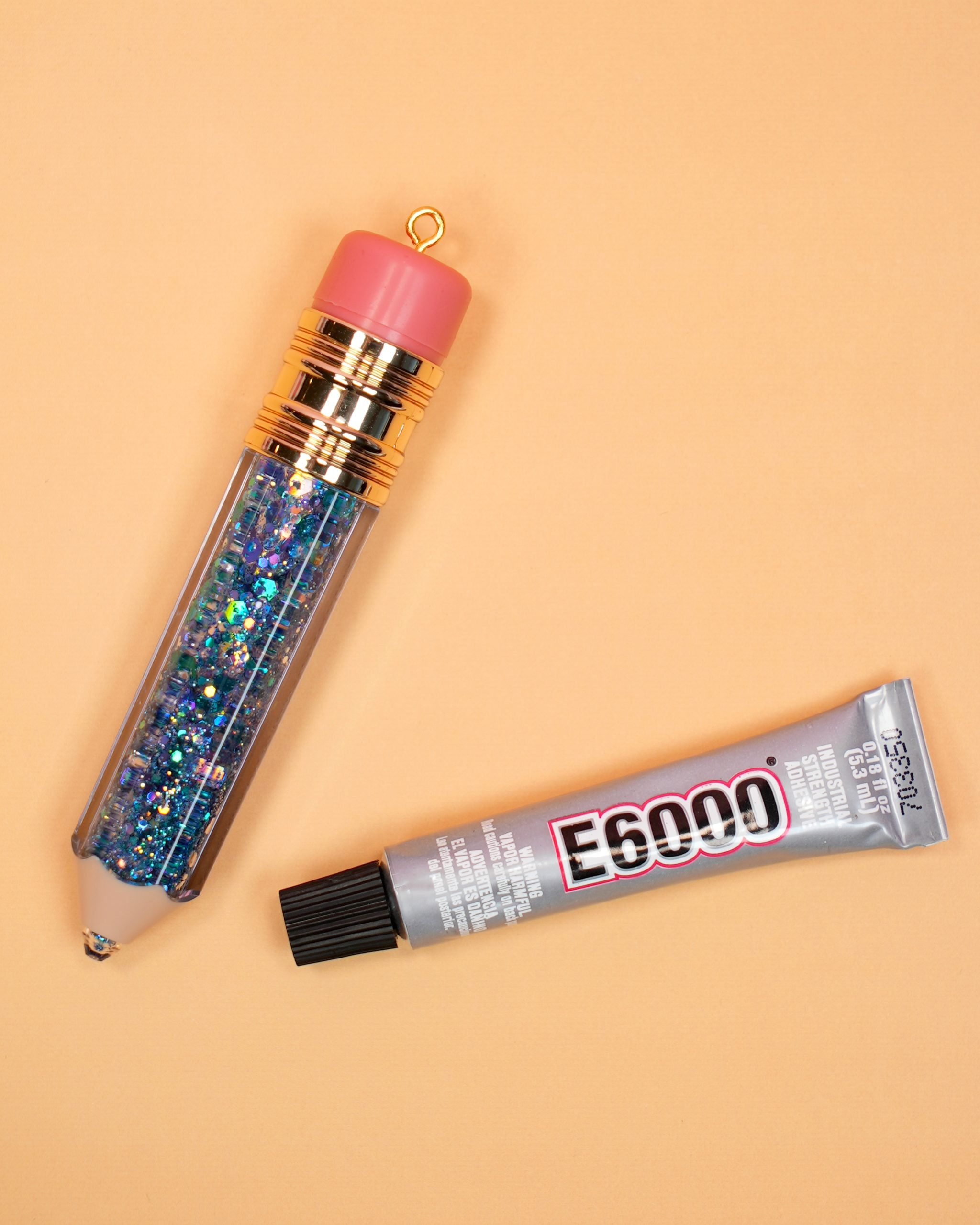 glitter pencil keychain and E6000 adhesive