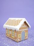 Cardboard gingerbread house with yellow window trim and white icing details