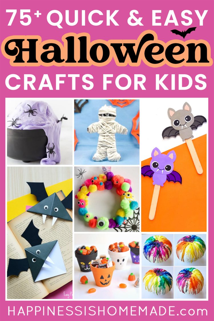 "75+ Quick & Easy Halloween Crafts for Kids" graphic with white and black text on dark pink background