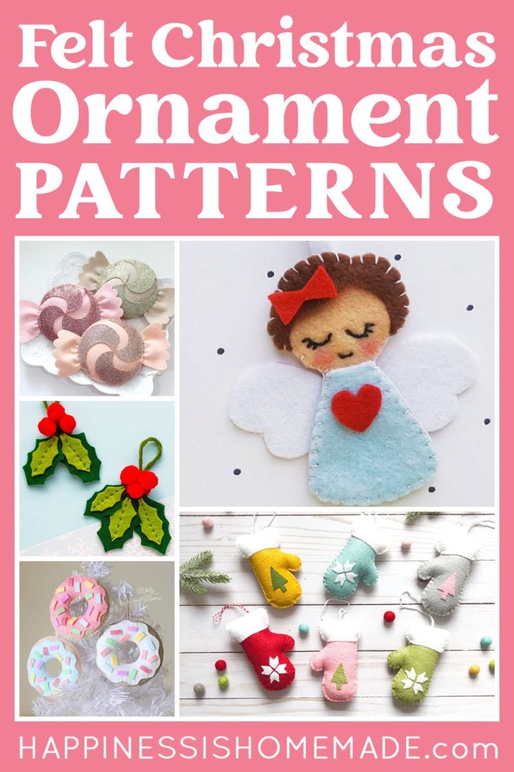 "Felt Christmas Ornament Patterns" graphic with examples of cute felt Christmas ornaments to make