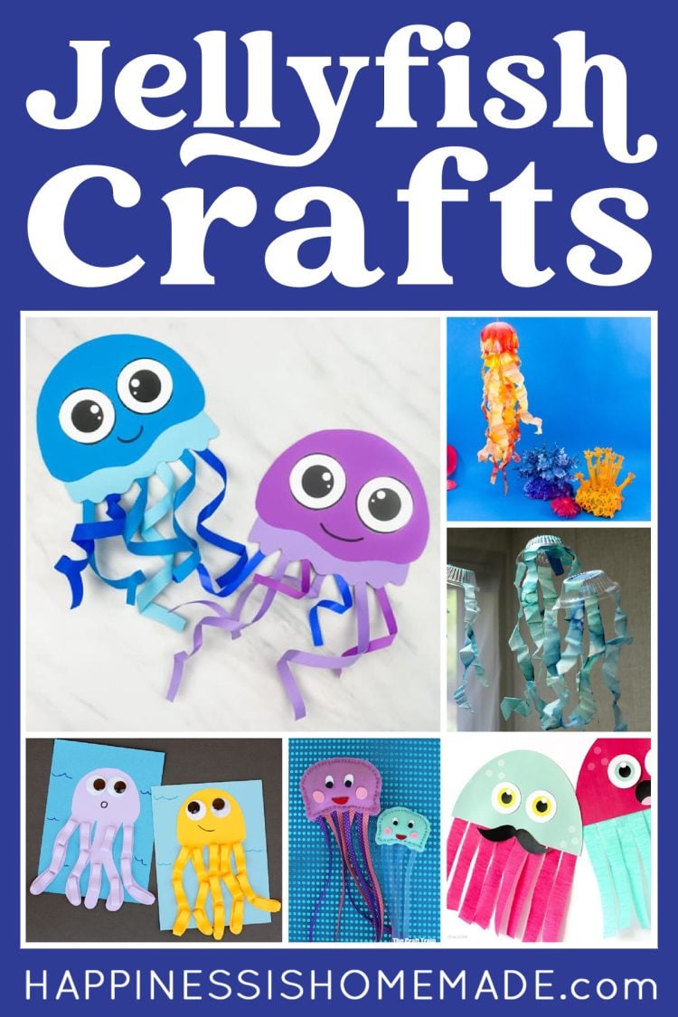 "Jellyfish Crafts" graphic with collage of six jellyfish crafts for kids