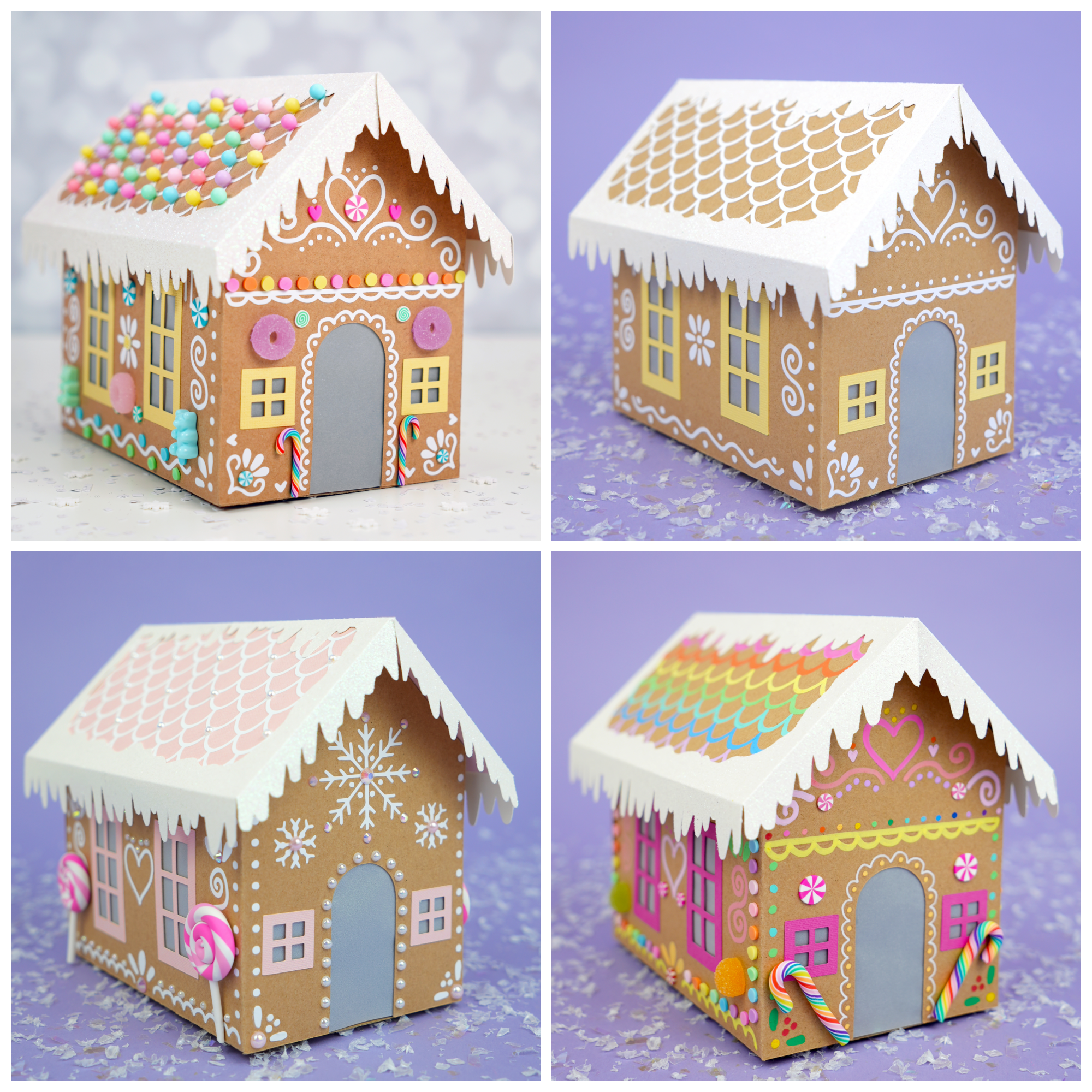 Collage of four different cardboard gingerbread houses in different color palettes and styles on periwinkle background