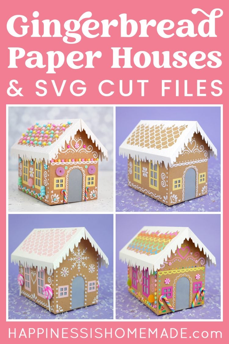 "Gingerbread Paper Houses & SVG Cut Files" graphic with collage of 4 paper cardboard gingerbread house ideas and examples