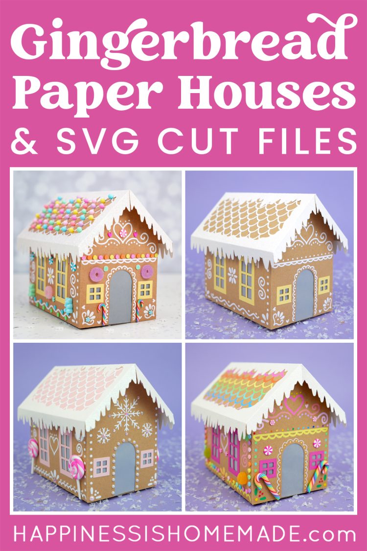 "Gingerbread Paper Houses & SVG Cut Files" graphic with collage of 4 paper cardboard gingerbread house ideas and examples