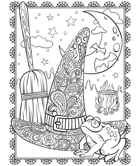 halloween coloring page with witches hat and frog